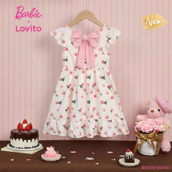 (New Arrival) Barbie™ X Lovito Infantil Vestido Longo Evase off White Floral Laço Traseiro Barra Com Babado Primavera Verão Fim De Semana Para Meninas DRBL6PAD048