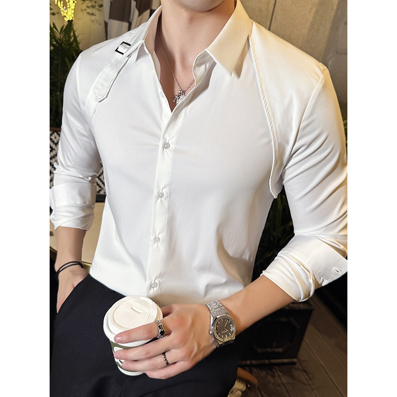 Outono inverno novo estilo cinta costura Design de moda camisa masculina nicho camisa High-End Casual camisa branca na m