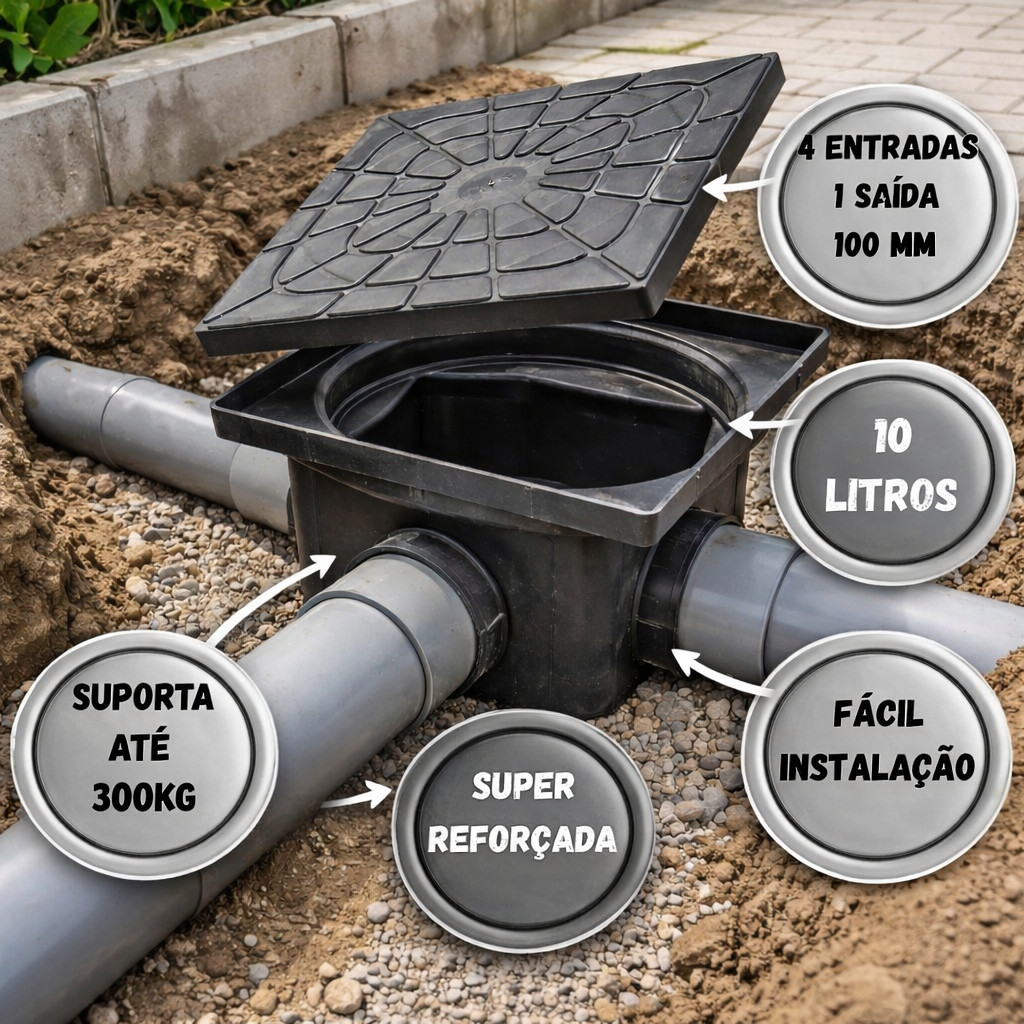 Caixa de Inspeção Esgoto 4,5L 25x25 DN100 Tampa Suporta até 200kg Alta Vazão