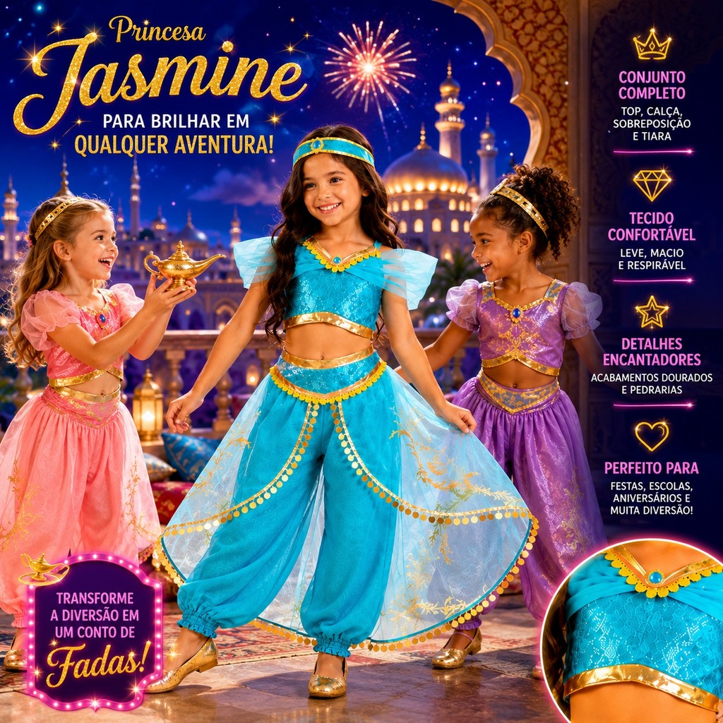 Fantasia Jasmine Menina Infantil Princesa Carnaval Festa Luxo Completa com Tiara