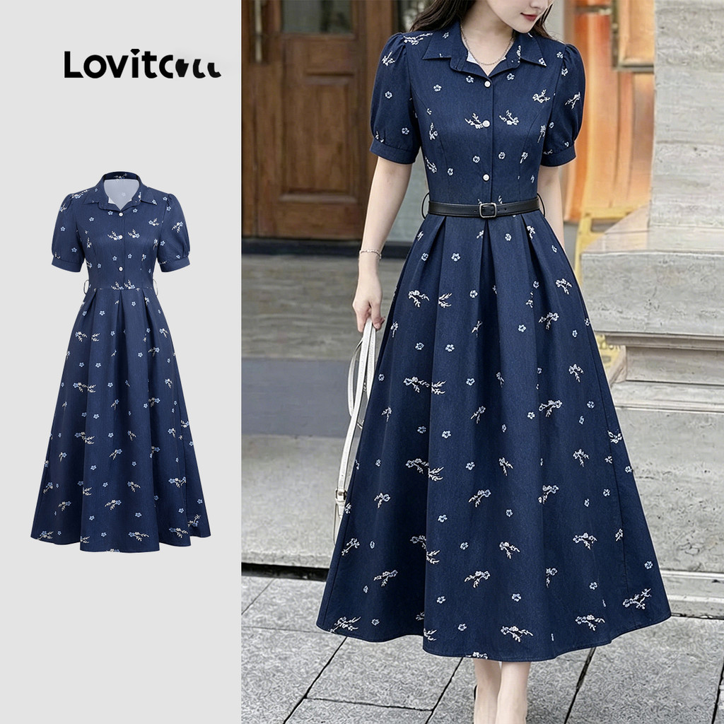 Lovito Vestido Casual Azulmarinho Feminino Botão Plissado com Zíper primavera/verão DRBR37BR184
