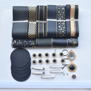 Kit de materiais para decoração de baixelas e acessórios de cabelo artesanais, com fitas douradas e pretas, ideal para i