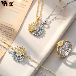Vnox Sun Moon Casal Pulseira 2pcs Colar Anel Conjunto Moda Zircônia Presente Homens Mulheres Joias Para O Dia Dos Namora