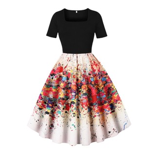 Retro quadrado pescoço de manga curta vestido de comprimento médio feminino elegante retro impresso grande balanço vesti
