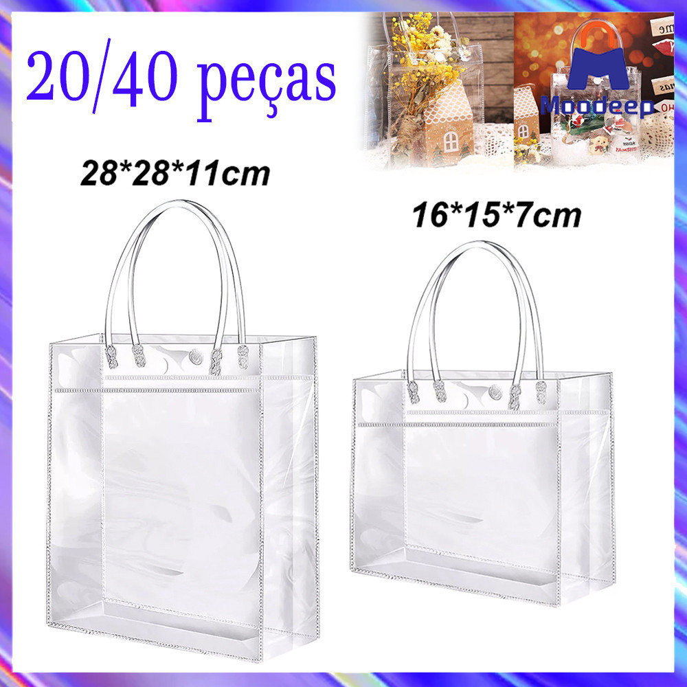 20/40 peças sacos de presente transparentes com alças, sacos de plástico, bolsa reutilizável de PVC para presente