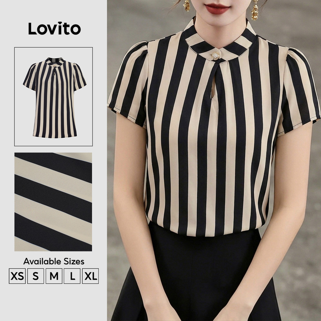 Lovito Elegante Blusa com Listras Laterais e Pregas Botão Blusa de para Mulheres BLK8P2D880