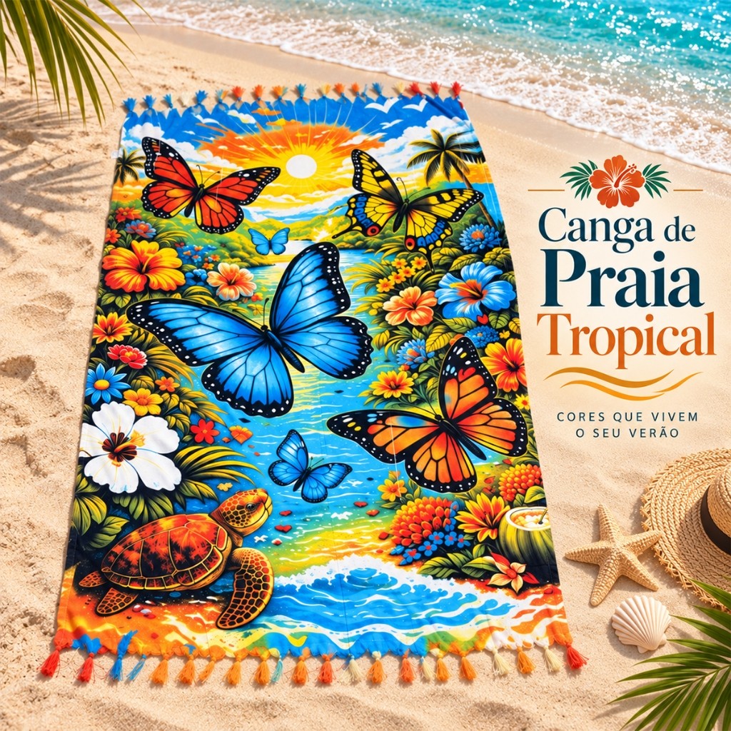 Canga Feminina para Praia e Piscina Tropical Colorida Grande com Franjas Estampa Borboletas e Flores