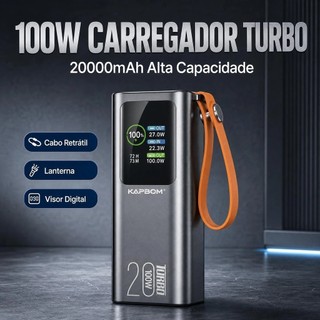Power Bank 20000mAh 100W Turbo Carregador Portátil Cabo Retrátil Lanterna LED Visor Com ANATEL