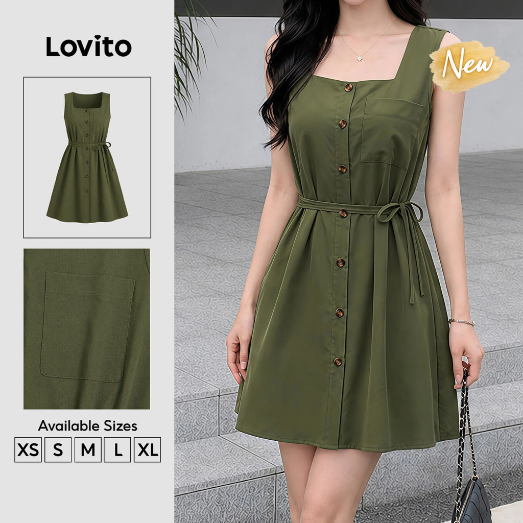 (New Arrival) Lovito Vestido Feminino Casual Mini evasê Com Bolsos E botões Verde Escuro primavera/verão Fim De Semana DRB204P1D300