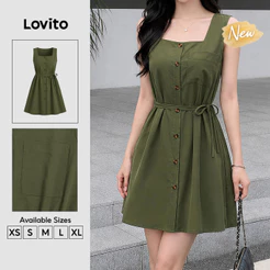 (New Arrival) Lovito Vestido Feminino Casual Mini evasê Com Bolsos E botões Verde Escuro primavera/verão Fim De Semana DRB204P1D300