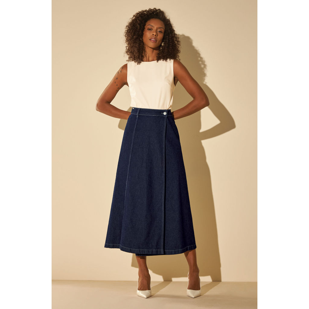 Saia Midi Longo Feminina Jeans Evasê Marialícia Azul