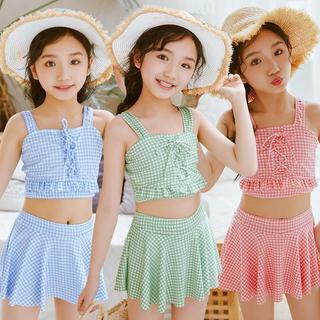 Novo estilo médio grande crianças roupa de banho crianças meninas primavera quente verificado saia estilo crianças menin