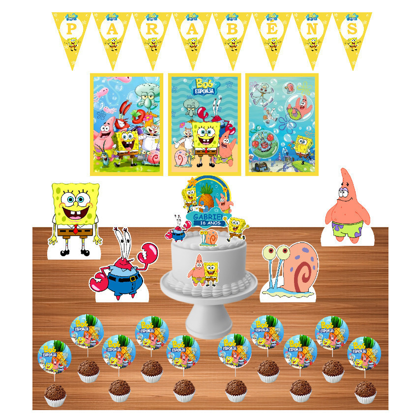 Kit Festa Bob Esponja 40 itens - Festa Pronta - Só um bolinho - Festa em casa -Festa Adulto-Festa Infantil - Mêsversário