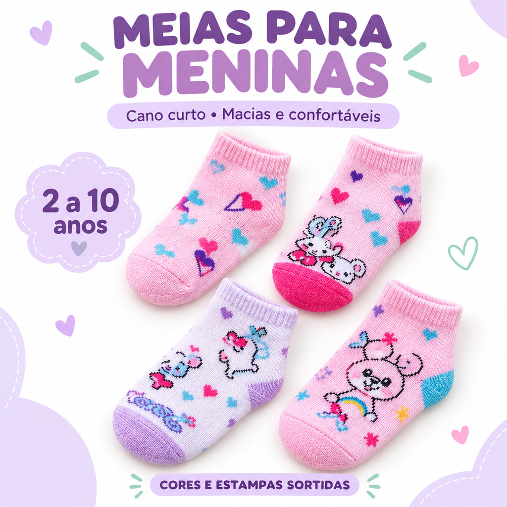 Meias Infantis Femininas Cano Curto para Meninas 2 até 10 Anos Macias Confortáveis Estampas Sortidas