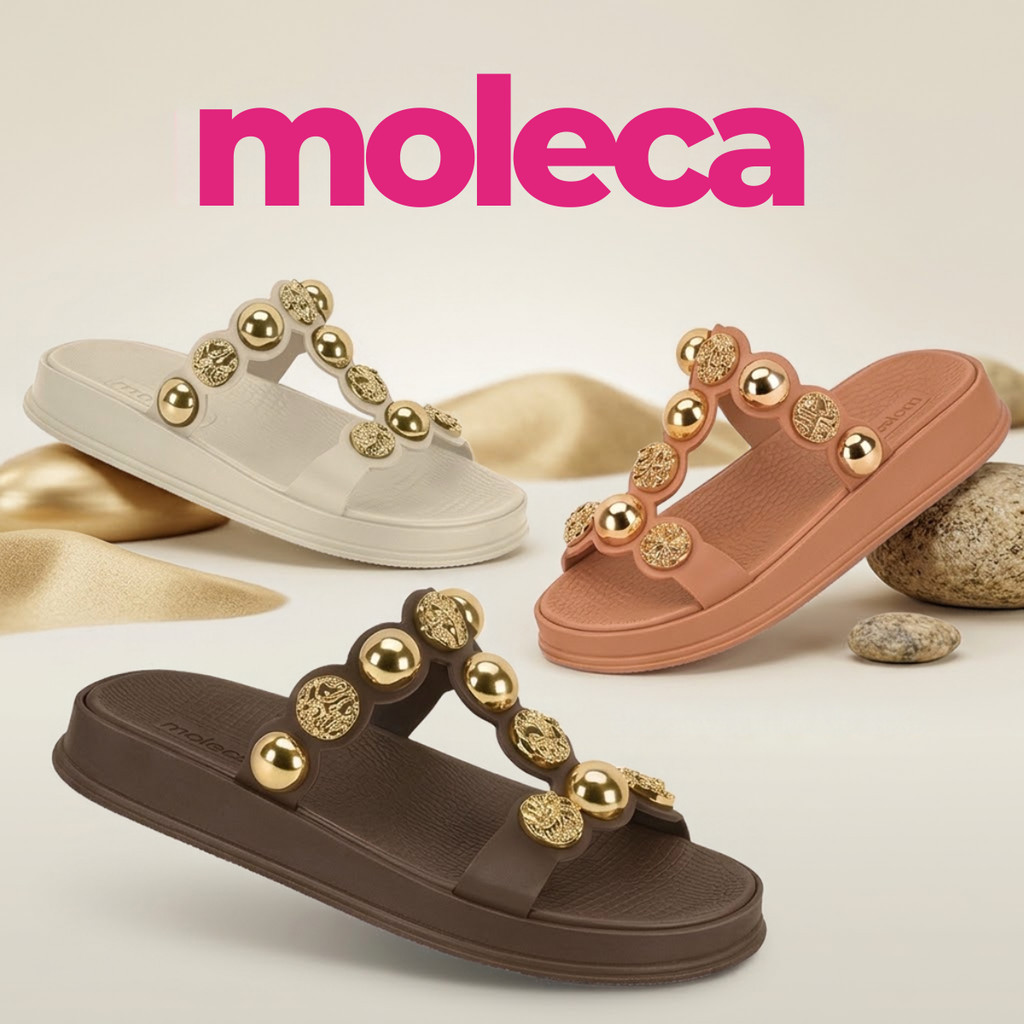 Papete Feminina Moleca Slide Luxe Detalhes Dourados Confortável Chinelo Sandália Rasteira Confortável Original