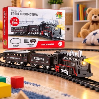 Trem de Brinquedo Infantil com Pista Luz e Som Trenzinho Locomotiva 2 Vagões Pista Circular 67,5cm
