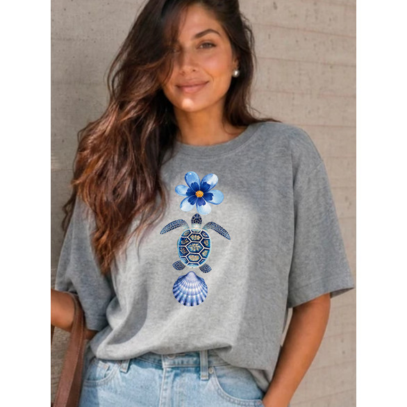 Camiseta Blusa Feminino Tshirt 100% Algodão FLOR TARTARUGA CONCHA MAR Estilosa Super confortável, Linda e Envio Rá