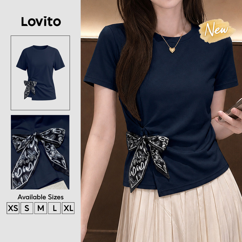(New Arrival) Lovito Camiseta Feminina Azulescura Manga Curta Gola Redonda Com amarração Para Trabalho primavera/verão TSK10P1D832