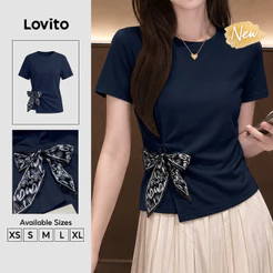 (New Arrival) Lovito Camiseta Feminina Azulescura Manga Curta Gola Redonda Com amarração Para Trabalho primavera/verão TSK10P1D832