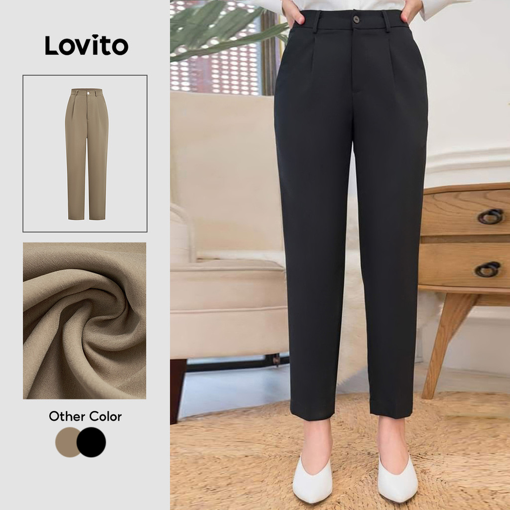 Lovito Elegante Calças com Botão Zíper Primavera/verão Calças Pretas para Mulheres L142LD264