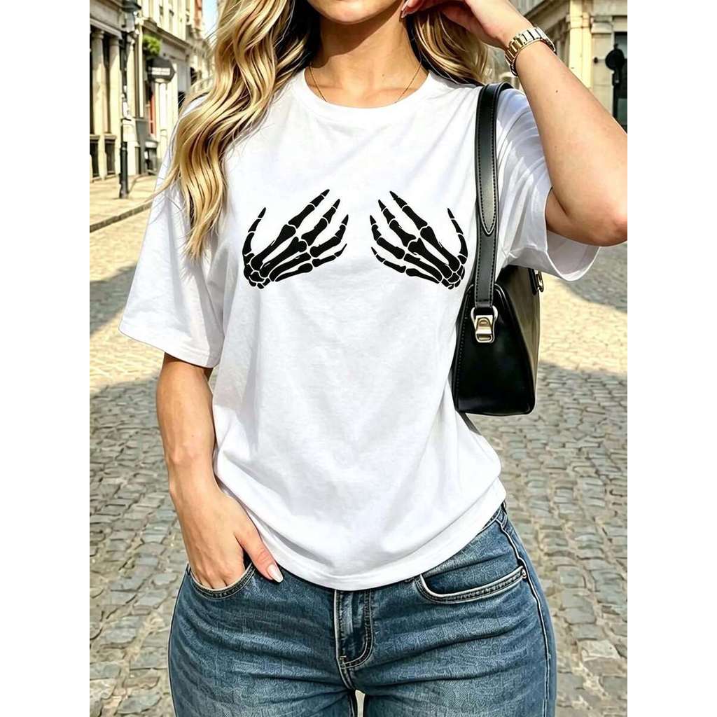 Camiseta Feminina Caveira Esqueleto Mãos Estampa Gótica Halloween Moda Casual T Shirt Básica Verão Blusa Confortável