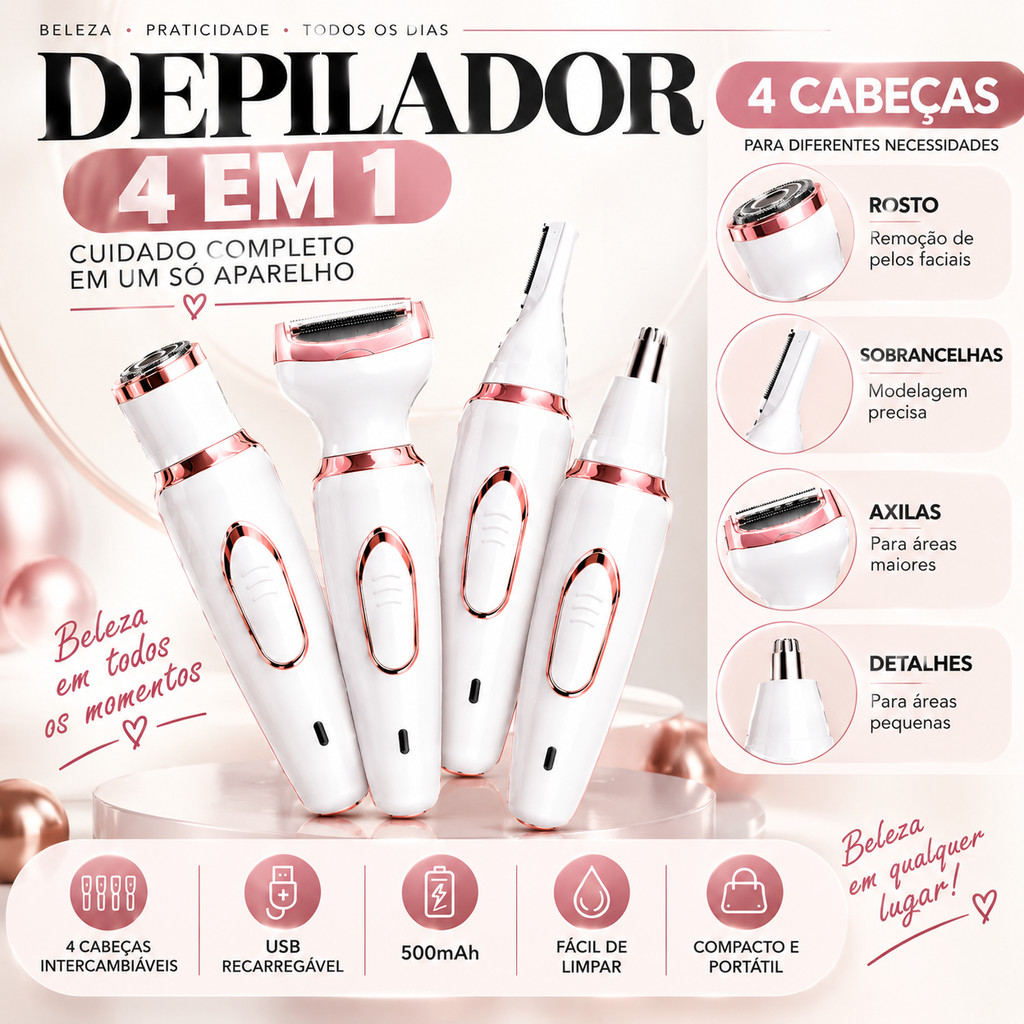 Depilador Elétrico Feminino 4 Em 1 , Aparador Recarregável USB Com 4 Cabeças Para Rosto , Sobrancelhas E Corpo
