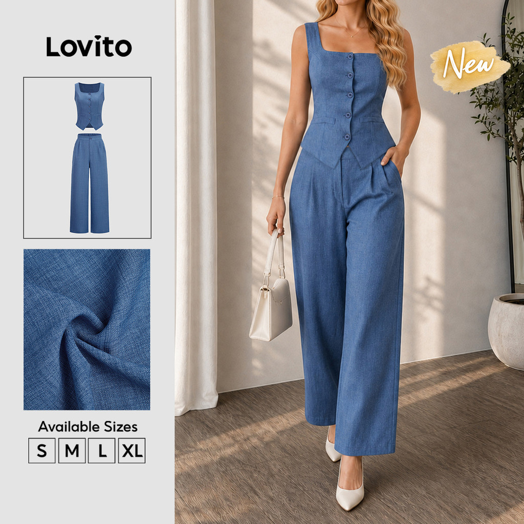 (New Arrival) Lovito Casual Calça Azul Escuro Bolso Botão Férias Trabalho Para Mulheres PSB39BR093