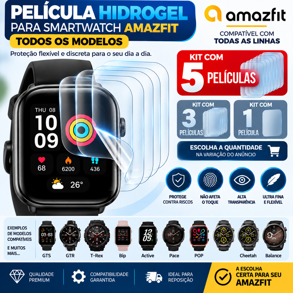 5, 3 Película Hidrogel Para Relógio Amazfit T-Rex Pro Ultra GTS Gtr 3 4 Mini Bip 6 U Active Balance