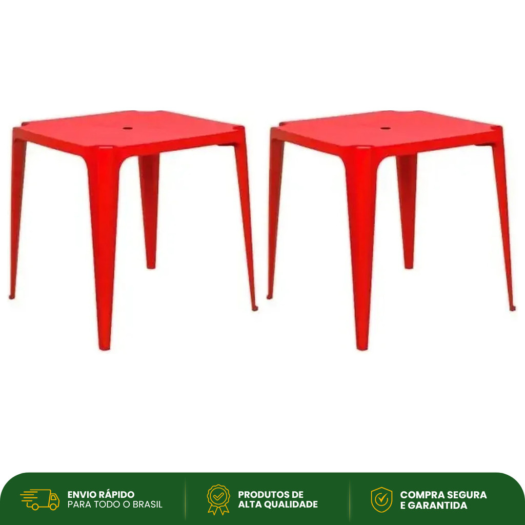 Kit 2 Mesas de Plástico Quadrada Bela Vista Mor Vermelha 70 cm Furo