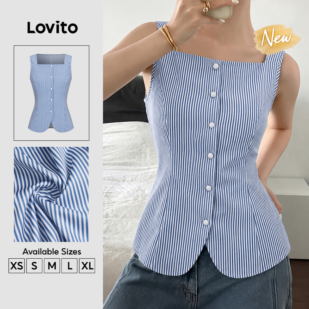 (New Arrival) Lovito Blusa Azul Feminina Listrada Sem Mangas Gola Quadrada botões Frontais Casual De primavera/verão TKK10BR181