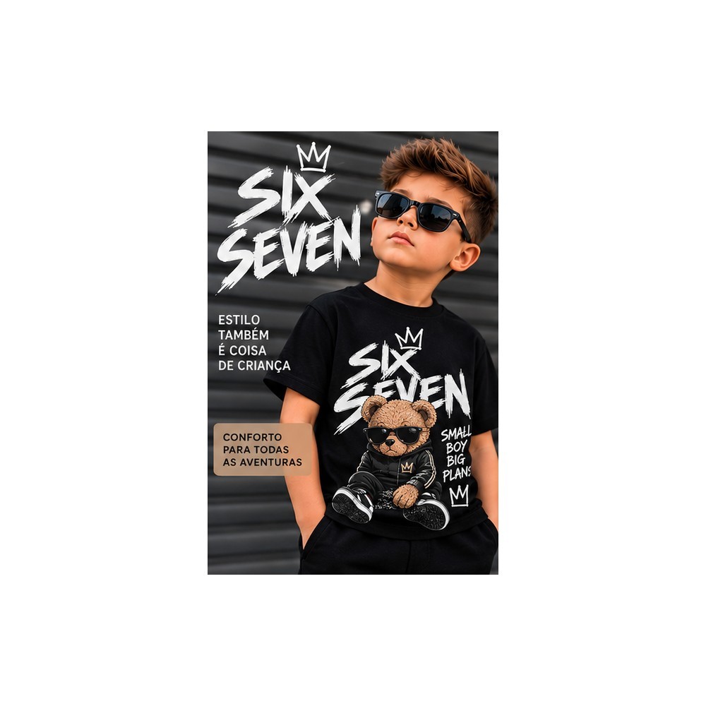 Camiseta Infantil Masculina Six Seven com Ursinho Preta | Estilo Streetwear | Confortável e Casual