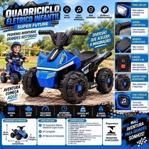 Quadriciclo Eletrico Infantil Bateria 6 Volts Veiculo Crianças Azul Potente Divertido
