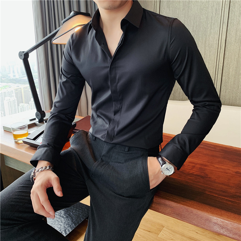 Camisa masculina de manga comprida versão coreana elástico fino ajuste camisa de manga curta masculina camisa branca pur