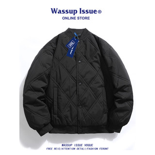 WASSUP OUTRO Inverno Diamante Check Quente Algodão Acolchoado Jaqueta Masculina Estilo Hong Kong Casual Gola de Beisebol
