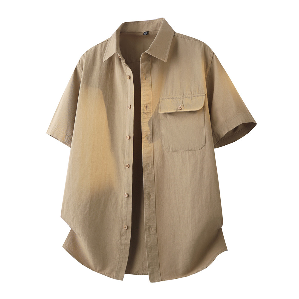 Camisa branca de algodão puro jaqueta masculina verão novo estilo Casual camisa branca de manga curta lapela com bolsos 