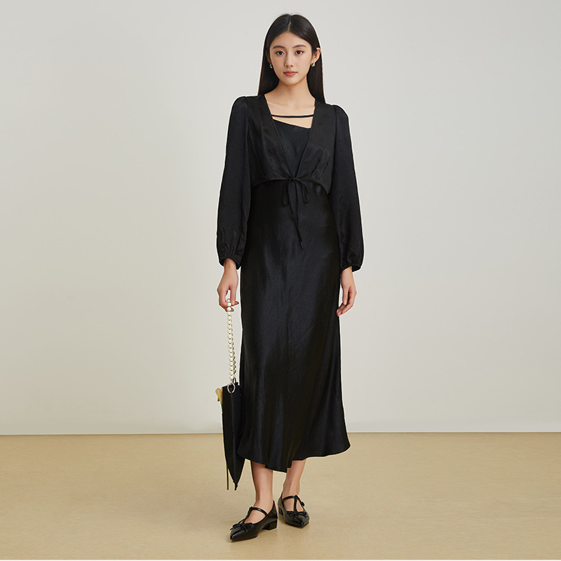 Soma Primavera Luz Maduro Elegante Gola Irregular Vestido de Manga Comprida Temperamento Feminino Saia Longa