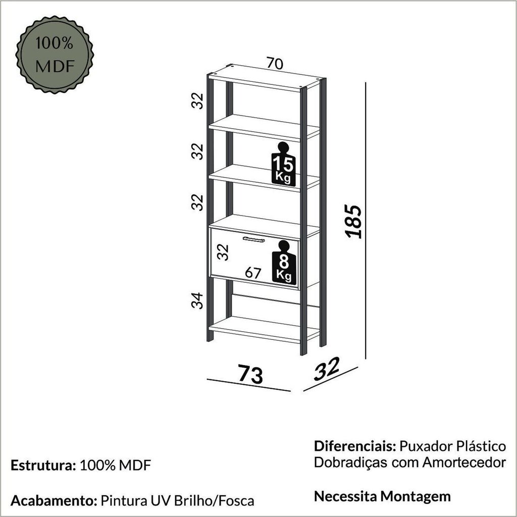 Estante de Livros Contemporâneo MDF 73CMX185CM Branco/Freijo/Off White Freijó/Off White — imagem 2 de 2