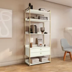 Armário Multiuso Industrial 2 Gavetas e 5 Prateleiras 202x89cm Branco/Dourado 89