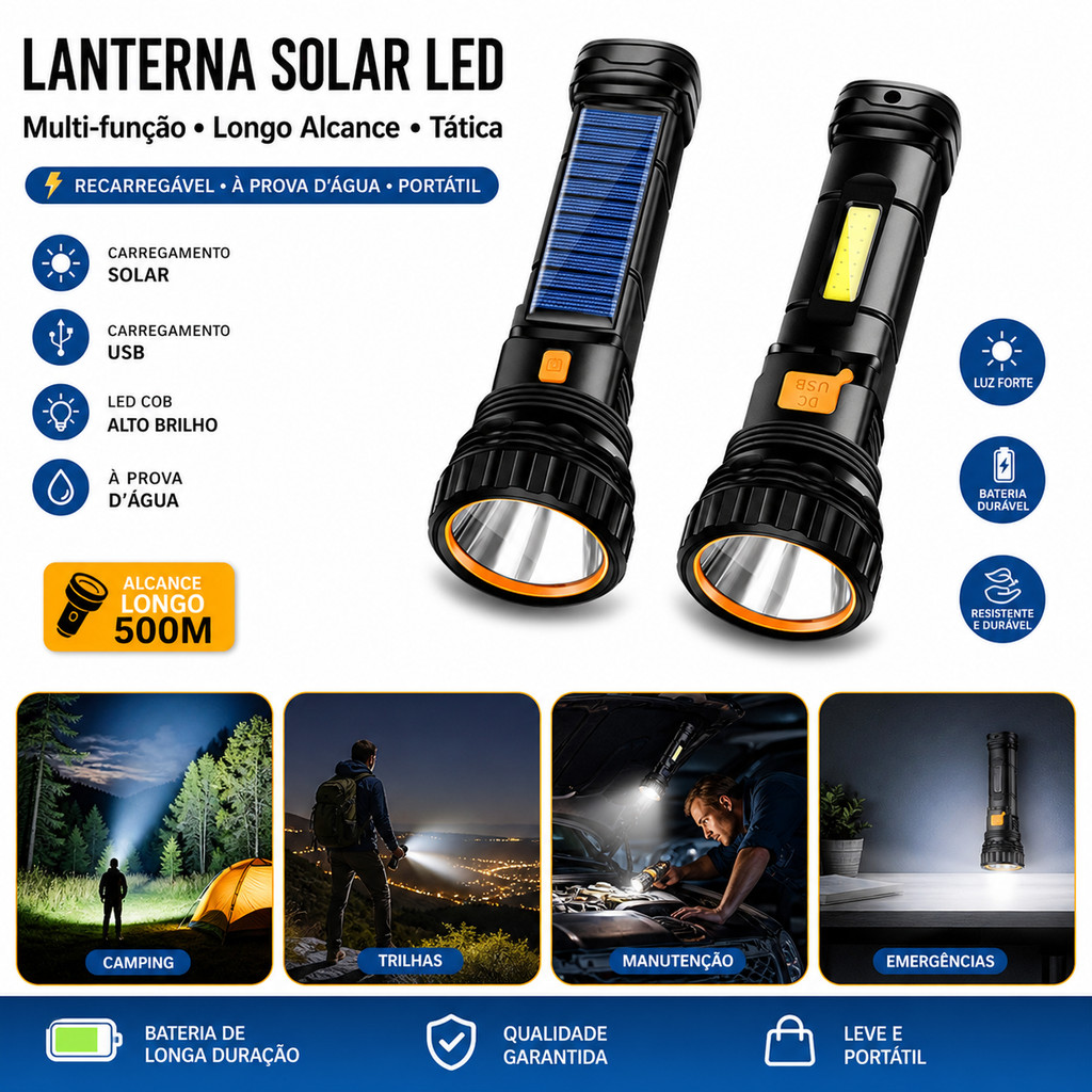Lanterna Solar LED Longo Alcance Tática Emergência Tocha Poderosa Farol Lâmpada Camping Holofote luminária recarregável