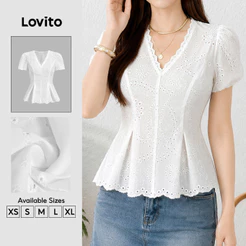 Lovito Blusa Boho bordada em algodão com babado gola estruturada branca primavera/verão para mulheres BLB202P2D229