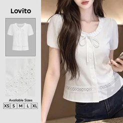 Lovito Blusa Branca Feminina Casual De Manga Curta Gola Redonda Acabamento Em Alface Babado Exagerado Botão Frontal Primavera Verão Fim De Semana BLB201P1D993