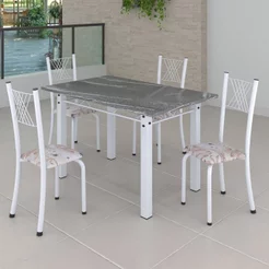 Conjunto de Jantar Mesa 120x75cm Tampo de Granito Topázio com 4 Cadeiras Sara Yescasa Branco/Botanic Bege Botanic