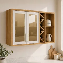 Armário Aéreo de Cozinha 120cm 2 Portas com Vidro Reflecta 100% MDF Barbados Espresso Móveis Bege/Amêndoa/Off White