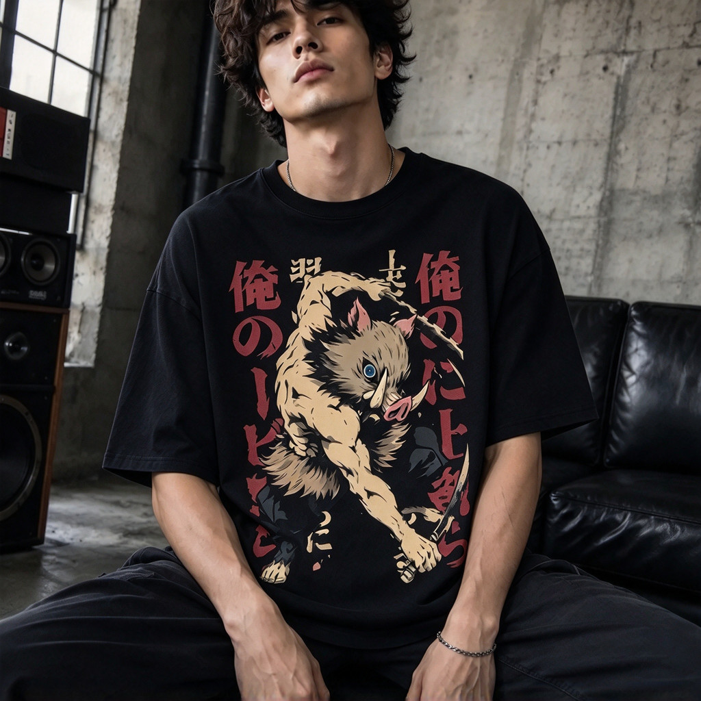 Camiseta Unissex Premium De Algodão Estilo Oversize Anime Estampa Javali Japonês Cor Preta Para Uso Casual Urbano