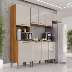 Cozinha Compacta Modulada 4 Peças 9 Portas 2 Gavetas Bella Branco/Cinamomo/Off White Cinamomo/Off White