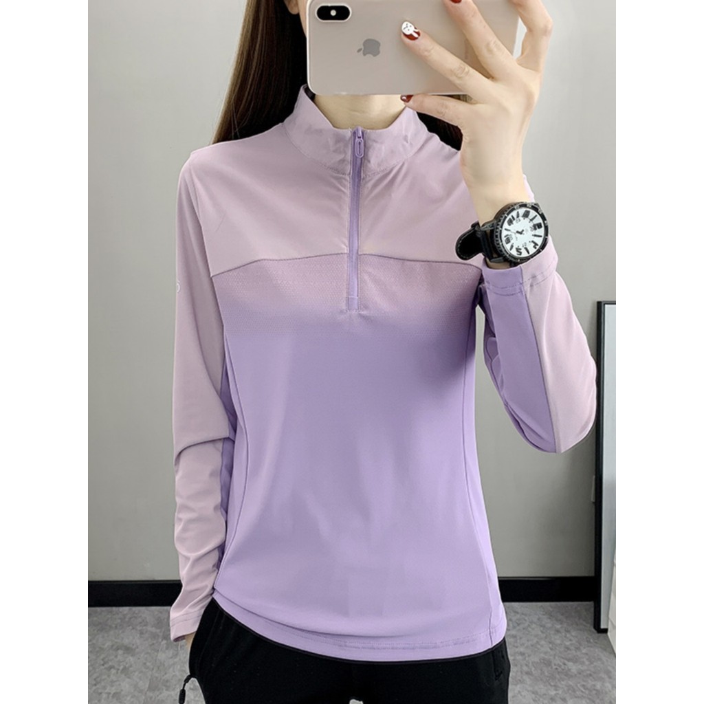 Primavera verão gradiente manga comprida camiseta roupas de secagem rápida feminino elástico respirável gola alta roupas