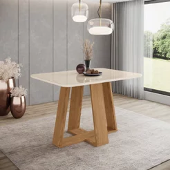 Mesa de Jantar 4 Lugares 120cm Tampo MDF e Vidro Canto Arredondado Lins Bege/Nature/Off White 120