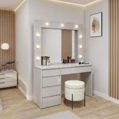 Penteadeira Camarim com Espelho e Lampada 5 Gavetas 100% MDF Anne Bege/Off White Off White