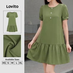 Lovito Vestido Verde Para Mulheres Casual Bainha Com Babado Botões Plissado Até O Joelho Aline Primavera/Verão Fim De Semana DRB201P1D253