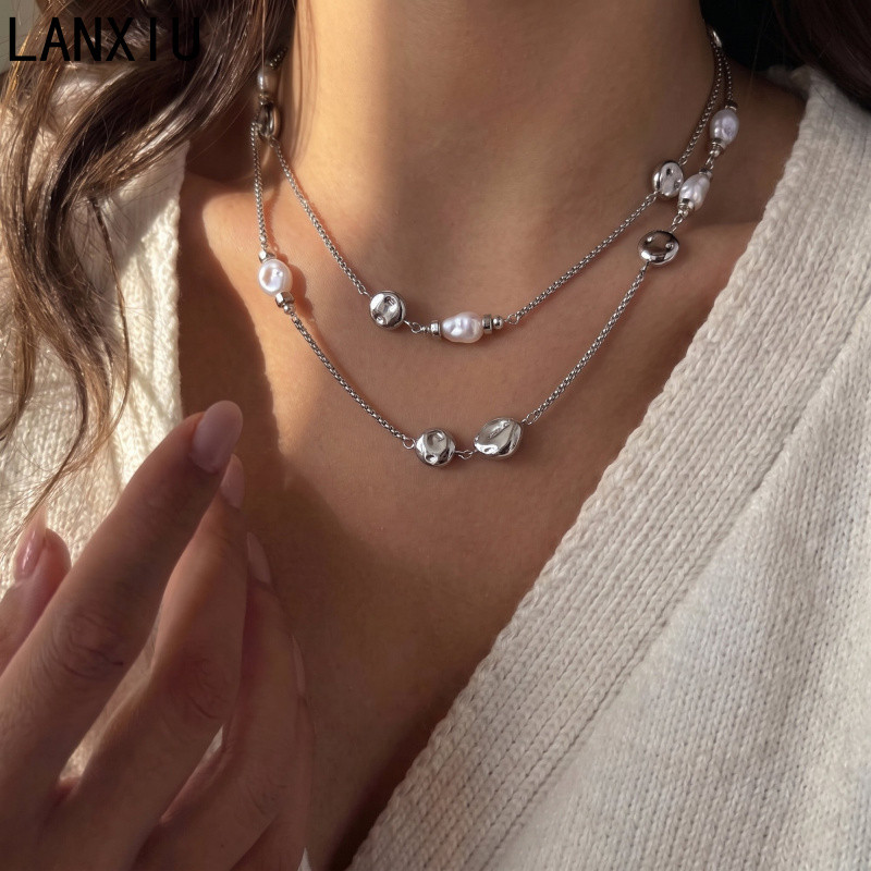 Colar de pérolas longas LANXIU, com banho de prata, design em camadas e contas de pérolas, colar elegante para mulheres,